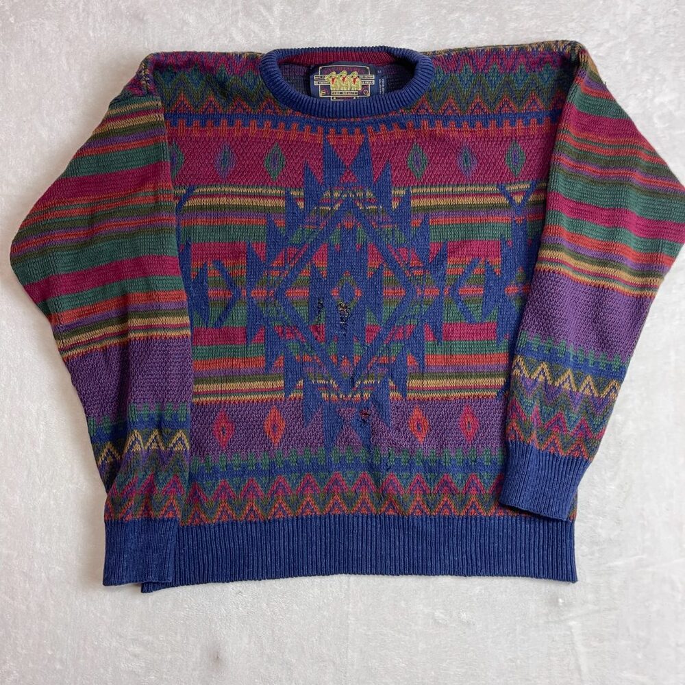 Ralph Lauren Chaps Men's Multi Aztec Knit Sweater Size M Vintage 90s Cotton